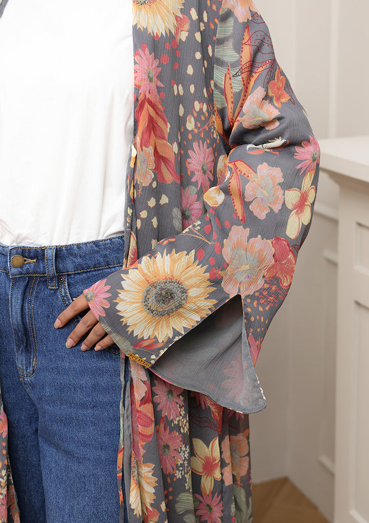Tie Front Abaya &amp; Shawl Set - Tropical Dawn