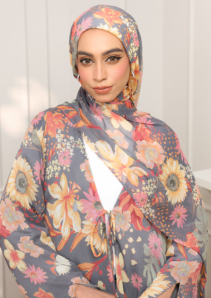 Tie Front Abaya &amp; Shawl Set - Tropical Dawn