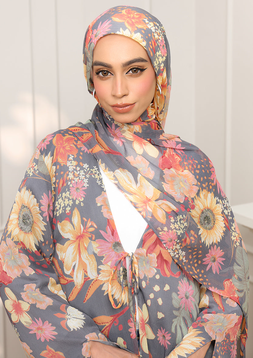 Tie Front Abaya &amp; Shawl Set - Tropical Dawn