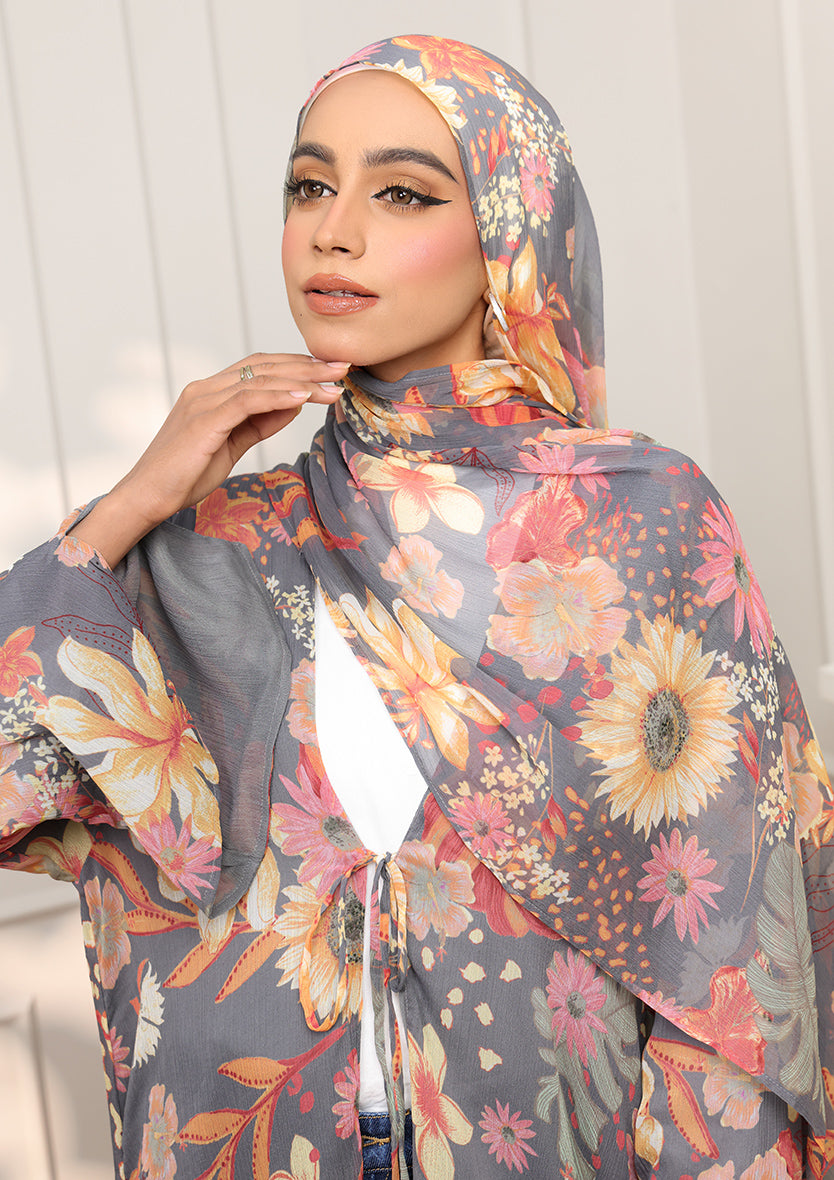 Tie Front Abaya &amp; Shawl Set - Tropical Dawn