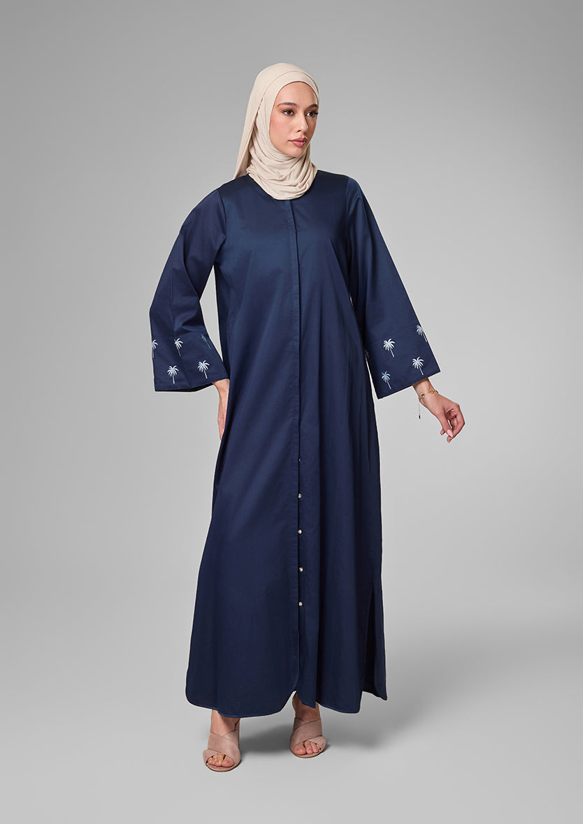 Navy Palm Embroidery Kaftan Shirt Dress