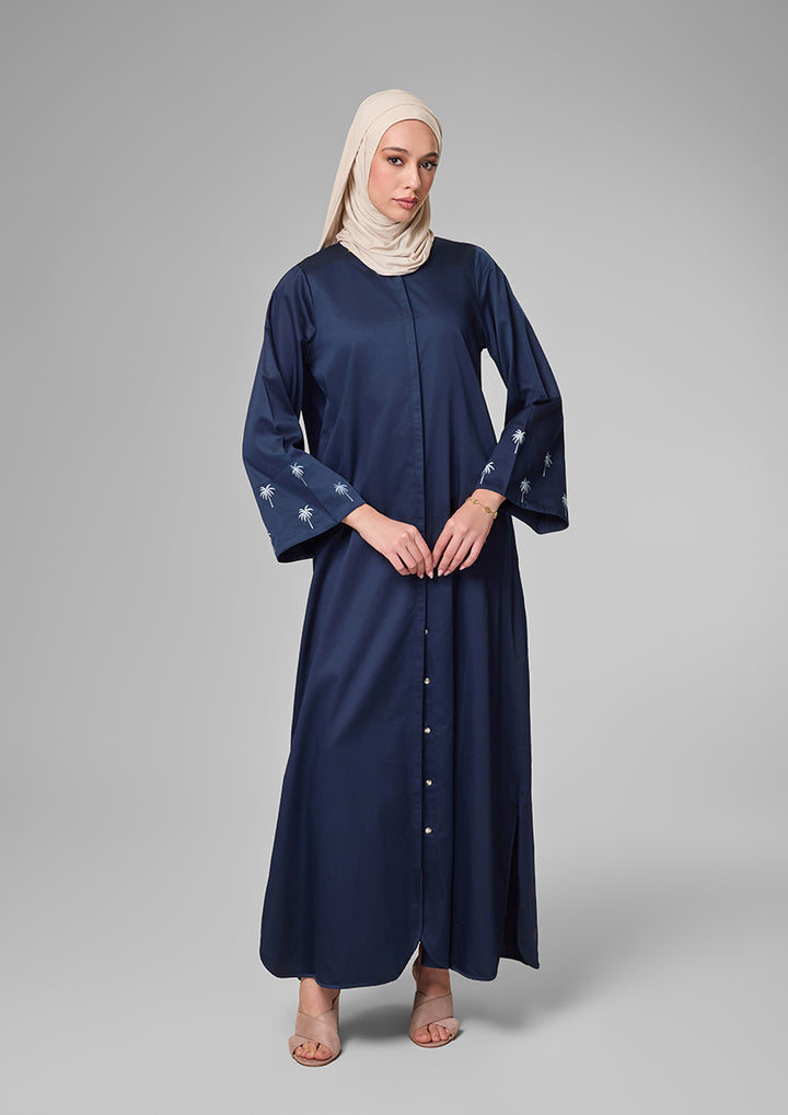 Navy Palm Embroidery Kaftan Shirt Dress