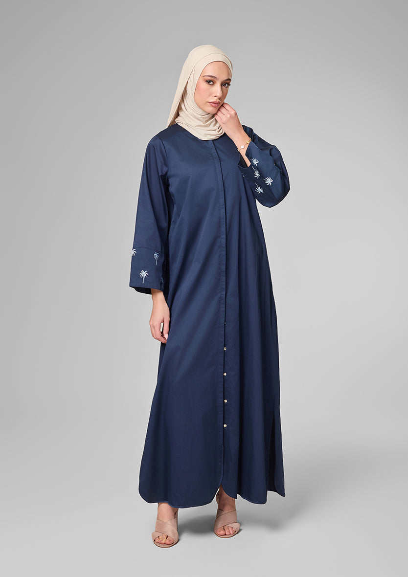 Navy Palm Embroidery Kaftan Shirt Dress