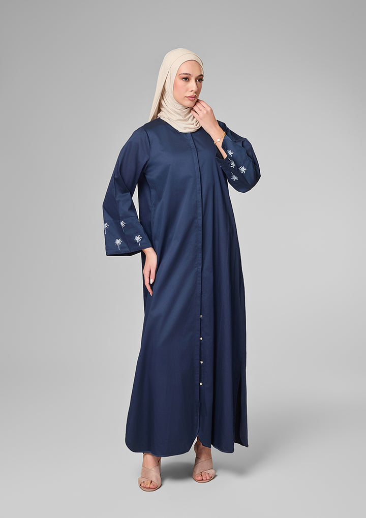 Navy Palm Embroidery Kaftan Shirt Dress