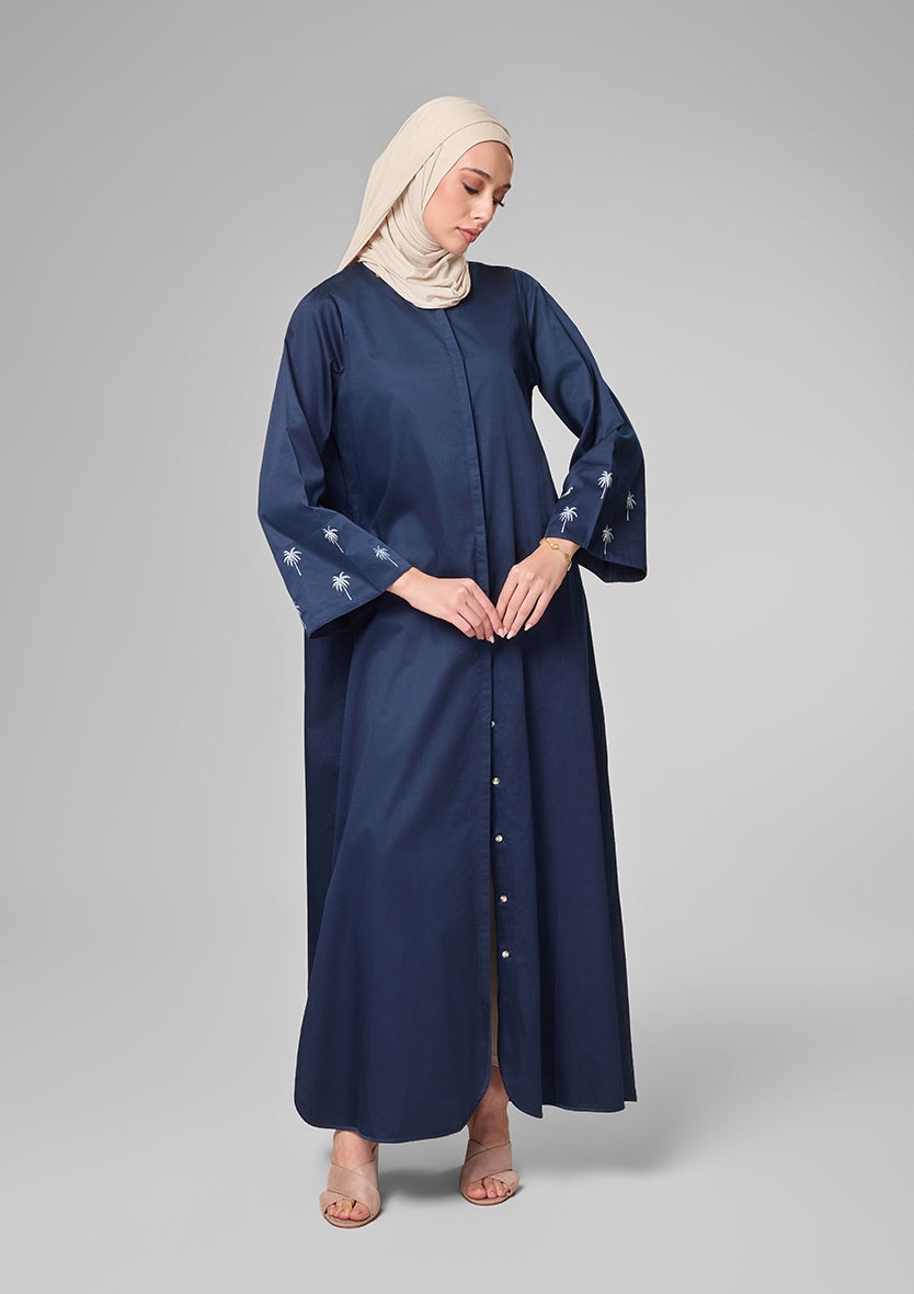 Navy Palm Embroidery Kaftan Shirt Dress
