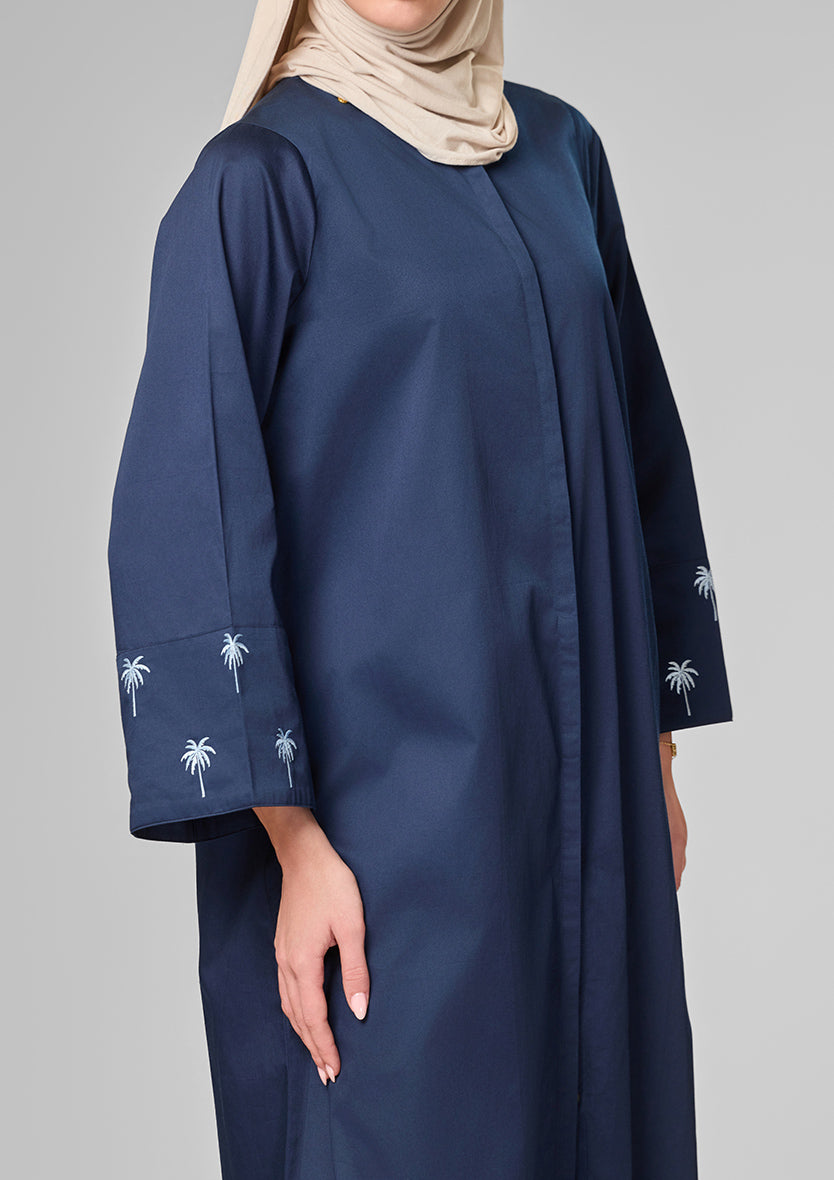 Navy Palm Embroidery Kaftan Shirt Dress