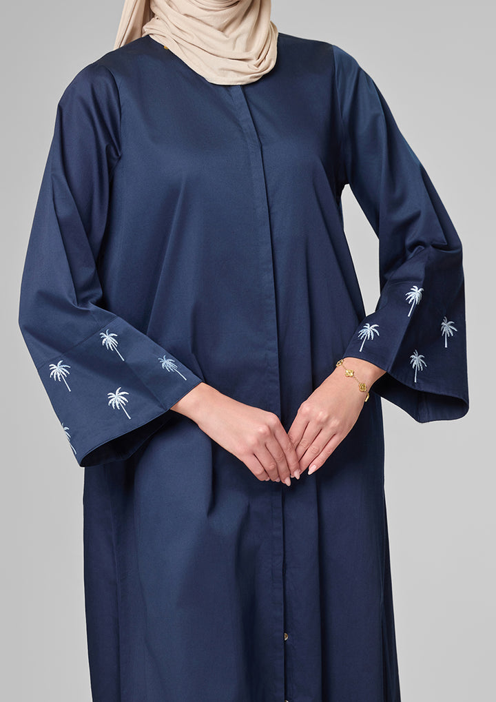 Navy Palm Embroidery Kaftan Shirt Dress
