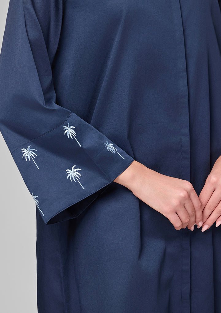 Navy Palm Embroidery Kaftan Shirt Dress