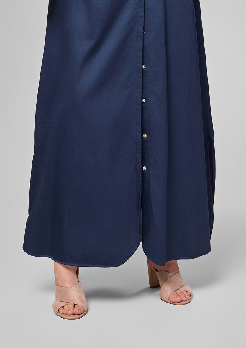 Navy Palm Embroidery Kaftan Shirt Dress