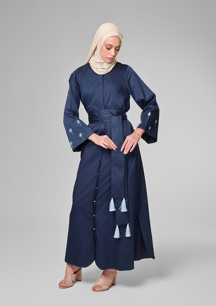 Navy Palm Embroidery Kaftan Shirt Dress