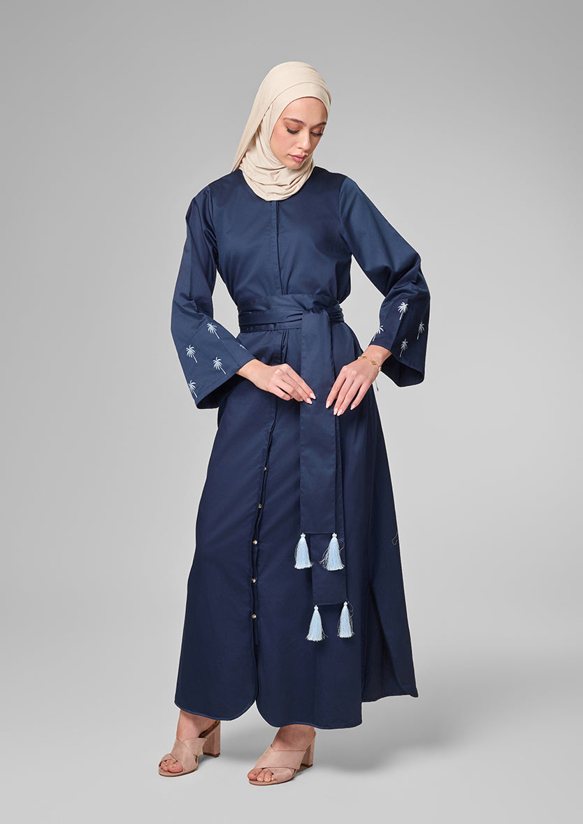 Navy Palm Embroidery Kaftan Shirt Dress