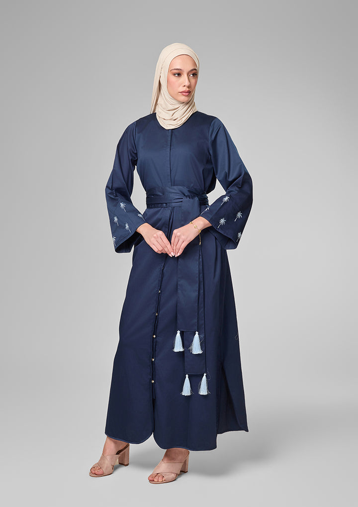Navy Palm Embroidery Kaftan Shirt Dress