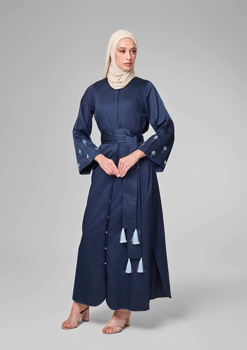 Navy Palm Embroidery Kaftan Shirt Dress