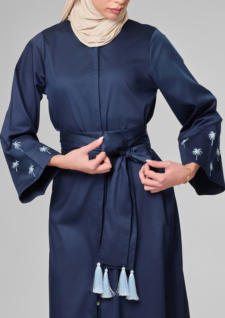 Navy Palm Embroidery Kaftan Shirt Dress
