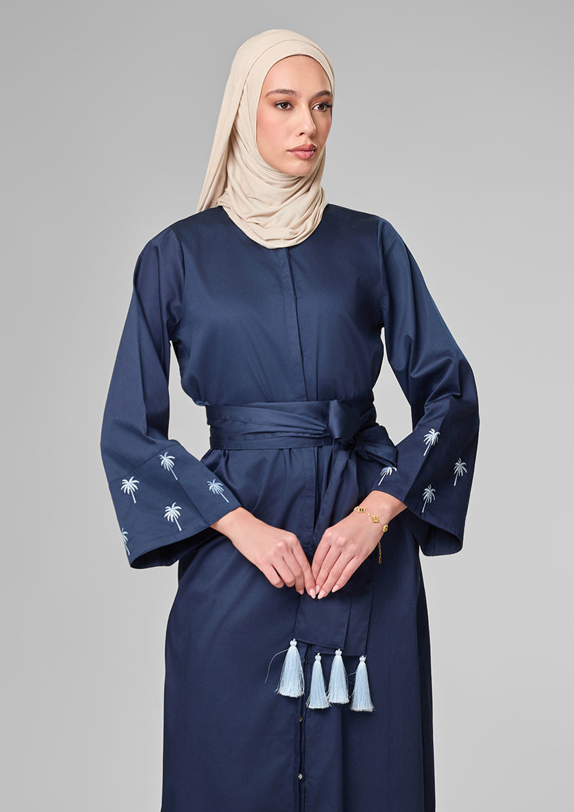 Navy Palm Embroidery Kaftan Shirt Dress