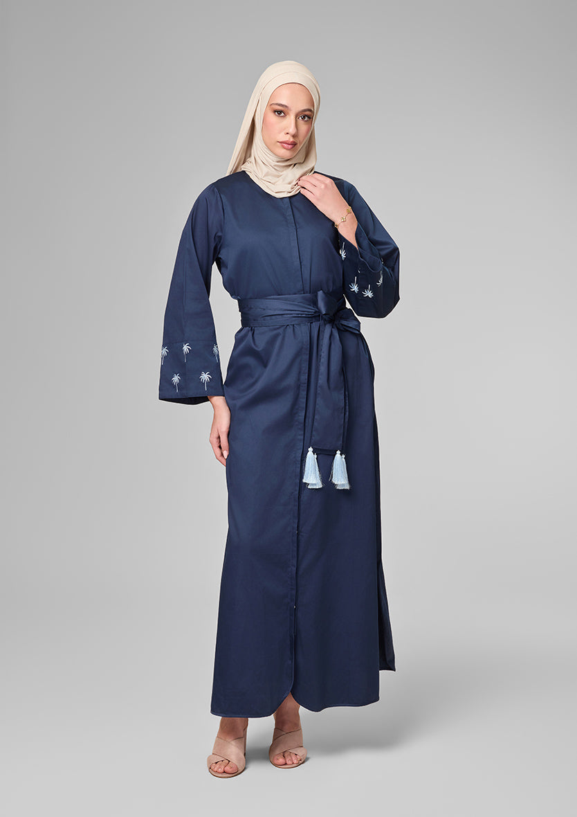 Navy Palm Embroidery Kaftan Shirt Dress