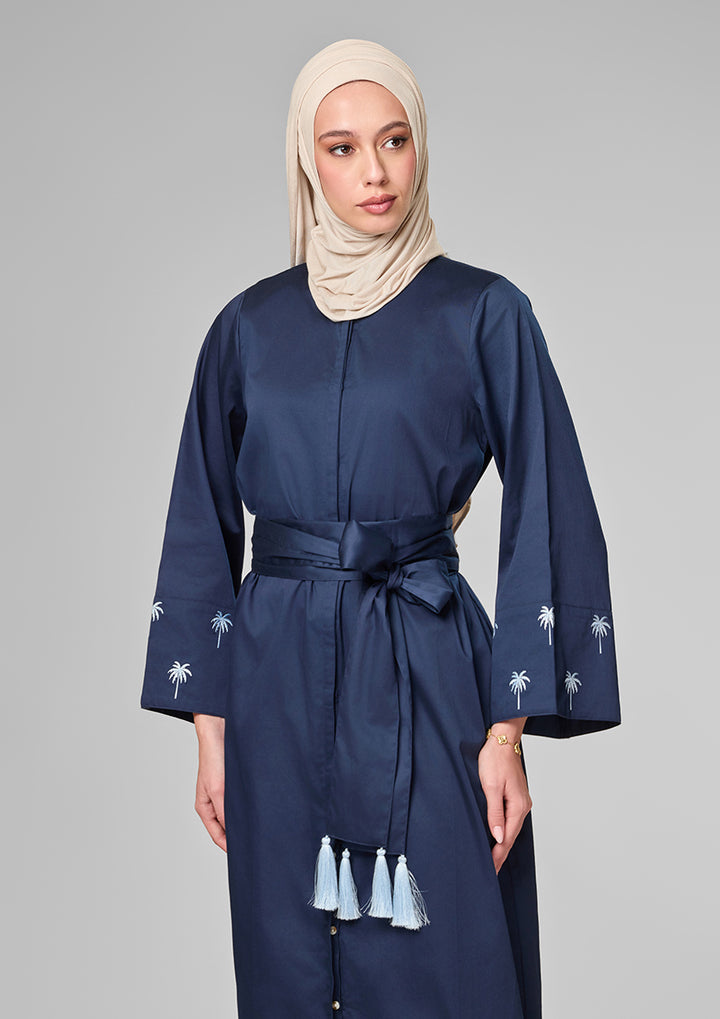 Navy Palm Embroidery Kaftan Shirt Dress