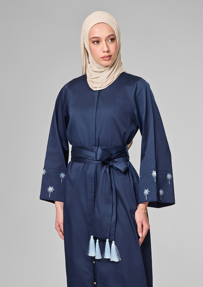 Navy Palm Embroidery Kaftan Shirt Dress
