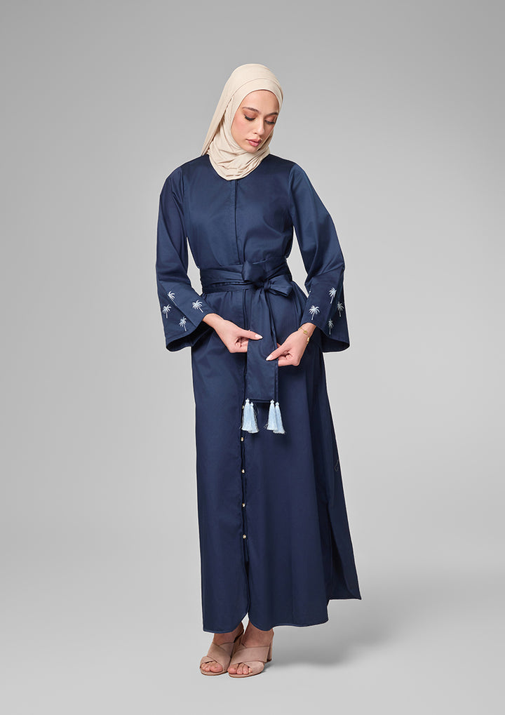 Navy Palm Embroidery Kaftan Shirt Dress