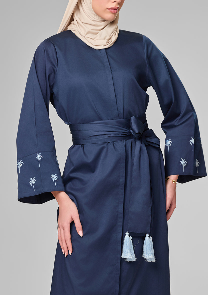 Navy Palm Embroidery Kaftan Shirt Dress