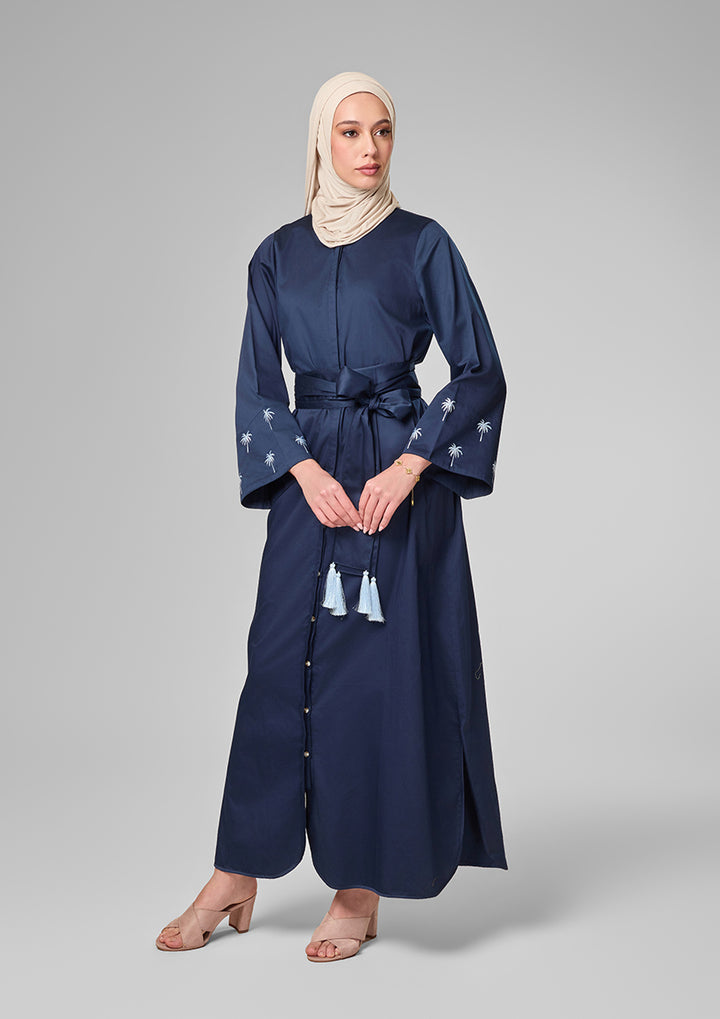 Navy Palm Embroidery Kaftan Shirt Dress