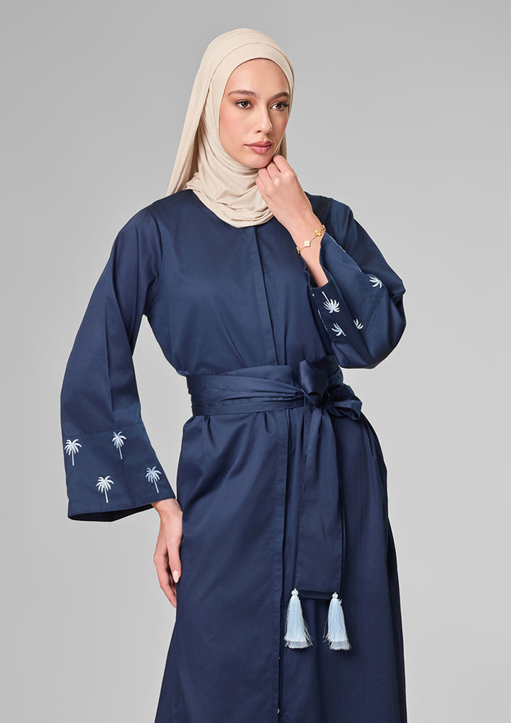 Navy Palm Embroidery Kaftan Shirt Dress