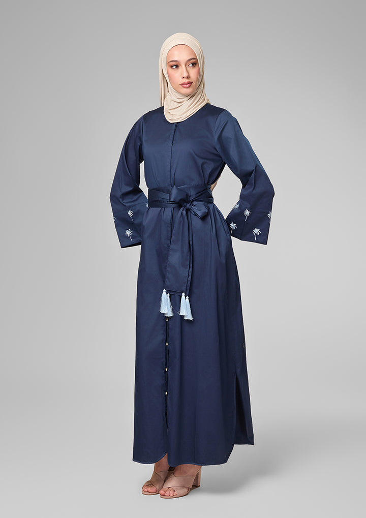 Navy Palm Embroidery Kaftan Shirt Dress