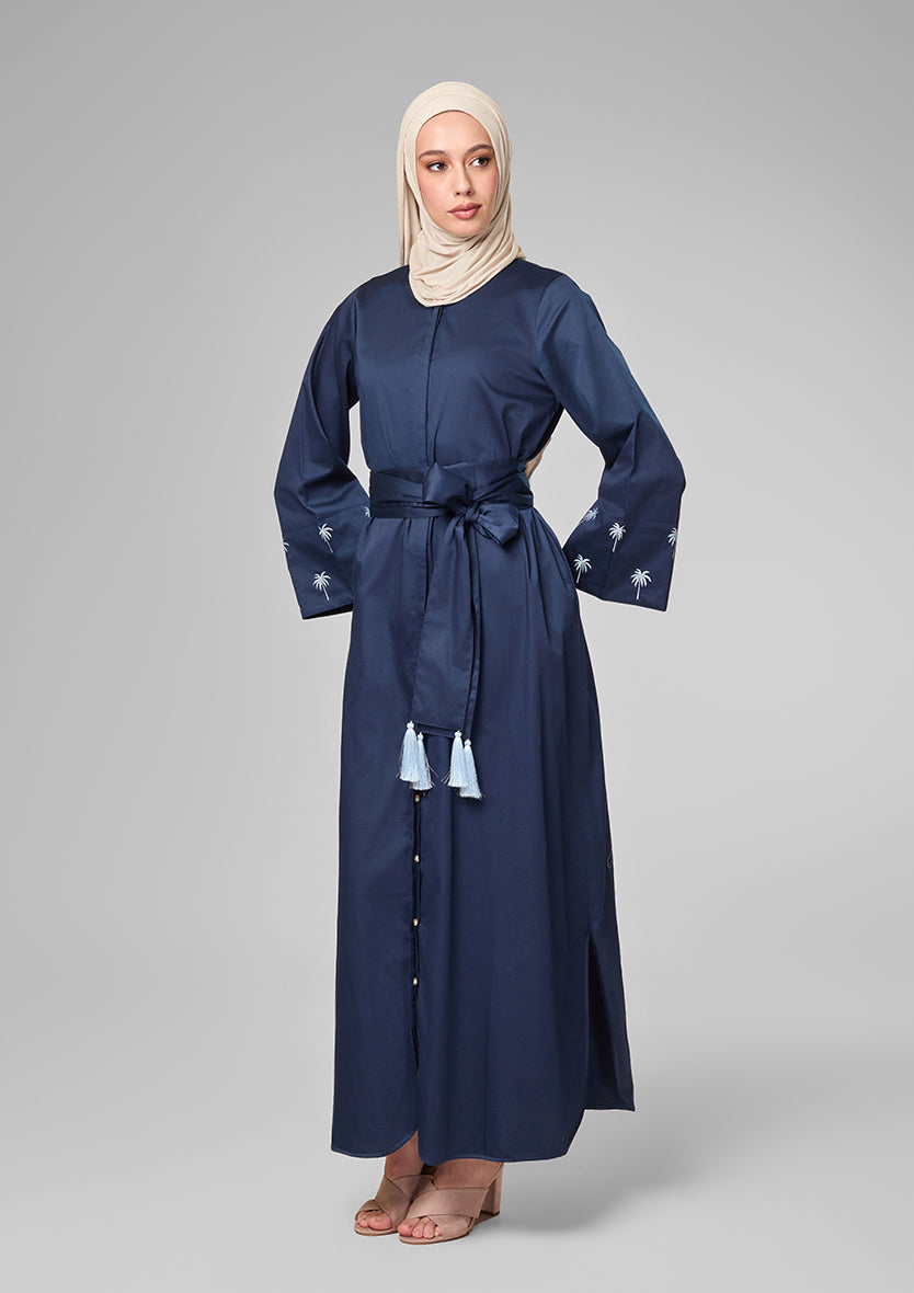 Navy Palm Embroidery Kaftan Shirt Dress