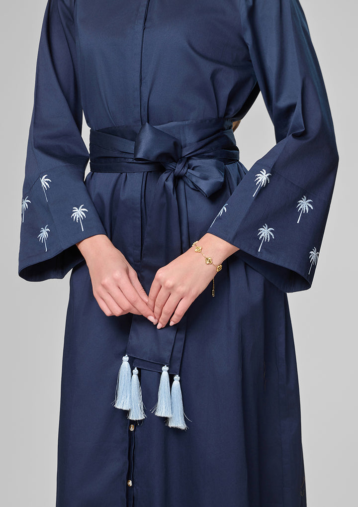 Navy Palm Embroidery Kaftan Shirt Dress