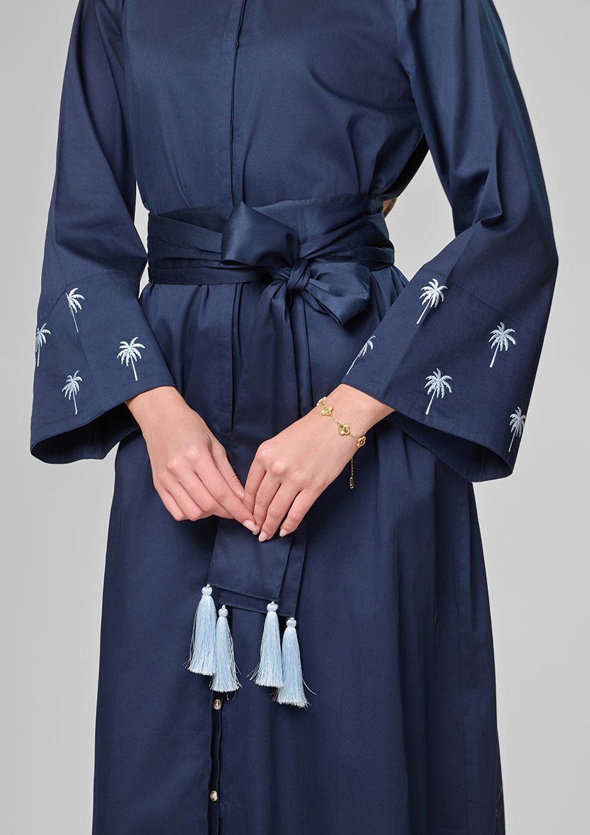 Navy Palm Embroidery Kaftan Shirt Dress