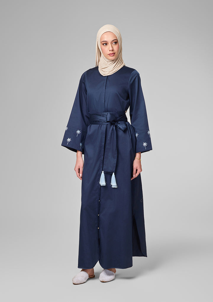 Navy Palm Embroidery Kaftan Shirt Dress