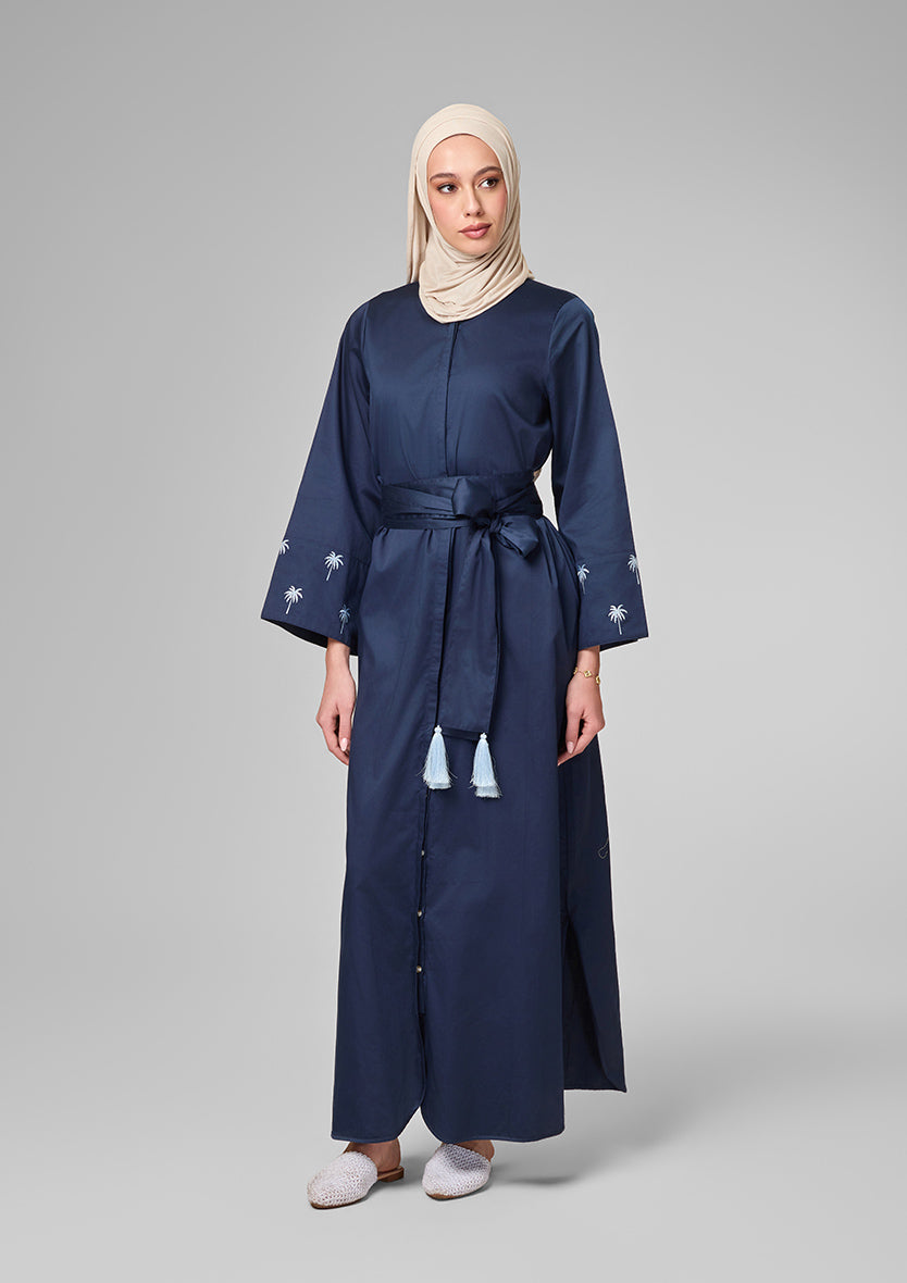 Navy Palm Embroidery Kaftan Shirt Dress