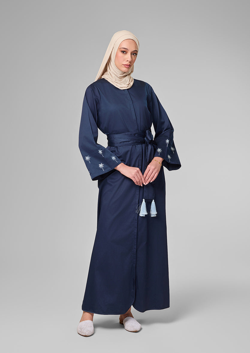 Navy Palm Embroidery Kaftan Shirt Dress