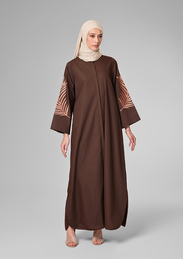 Chocolate Palm Leaf Embroidery Kaftan Shirt Dress