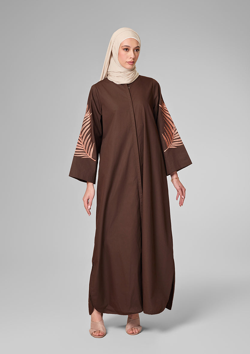 Chocolate Palm Leaf Embroidery Kaftan Shirt Dress