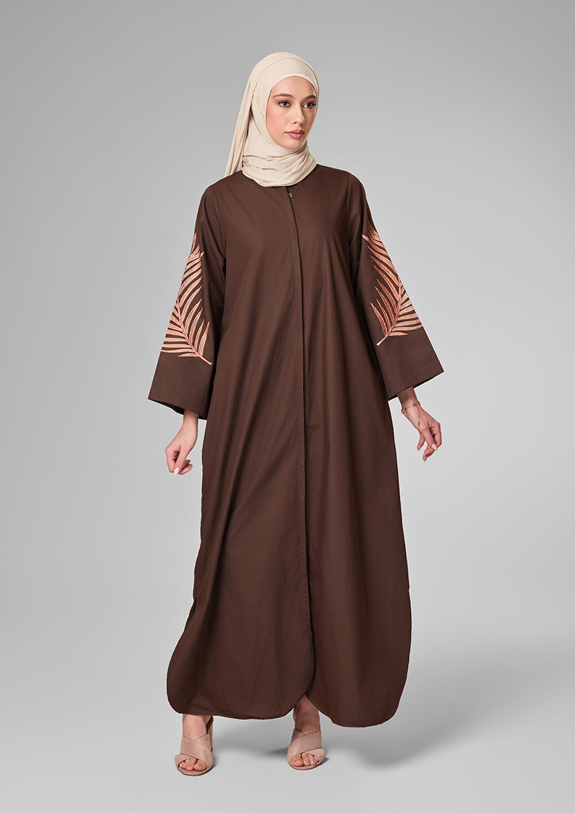 Chocolate Palm Leaf Embroidery Kaftan Shirt Dress
