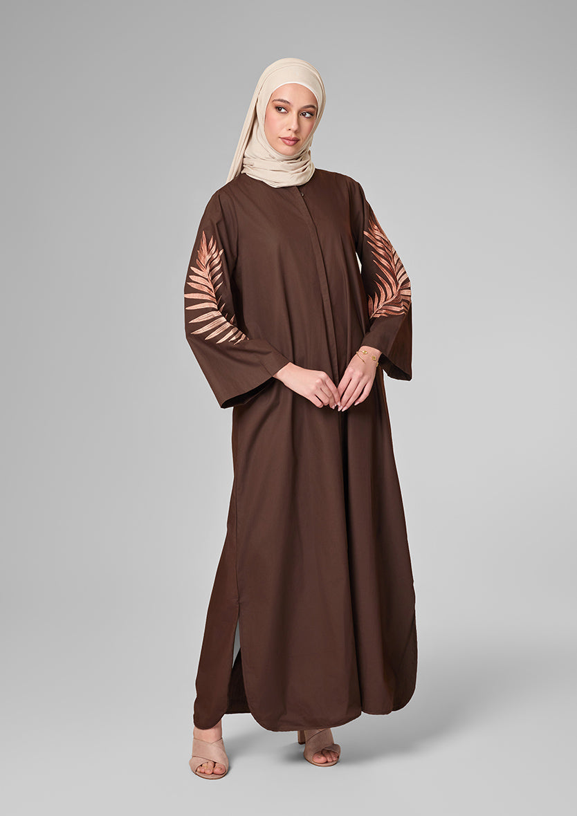 Chocolate Palm Leaf Embroidery Kaftan Shirt Dress