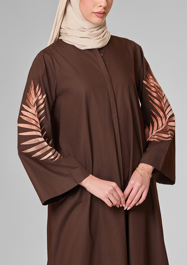 Chocolate Palm Leaf Embroidery Kaftan Shirt Dress
