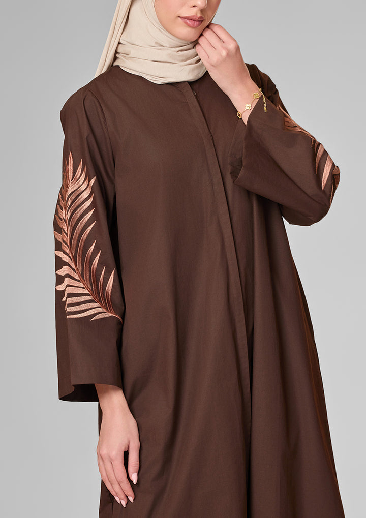 Chocolate Palm Leaf Embroidery Kaftan Shirt Dress