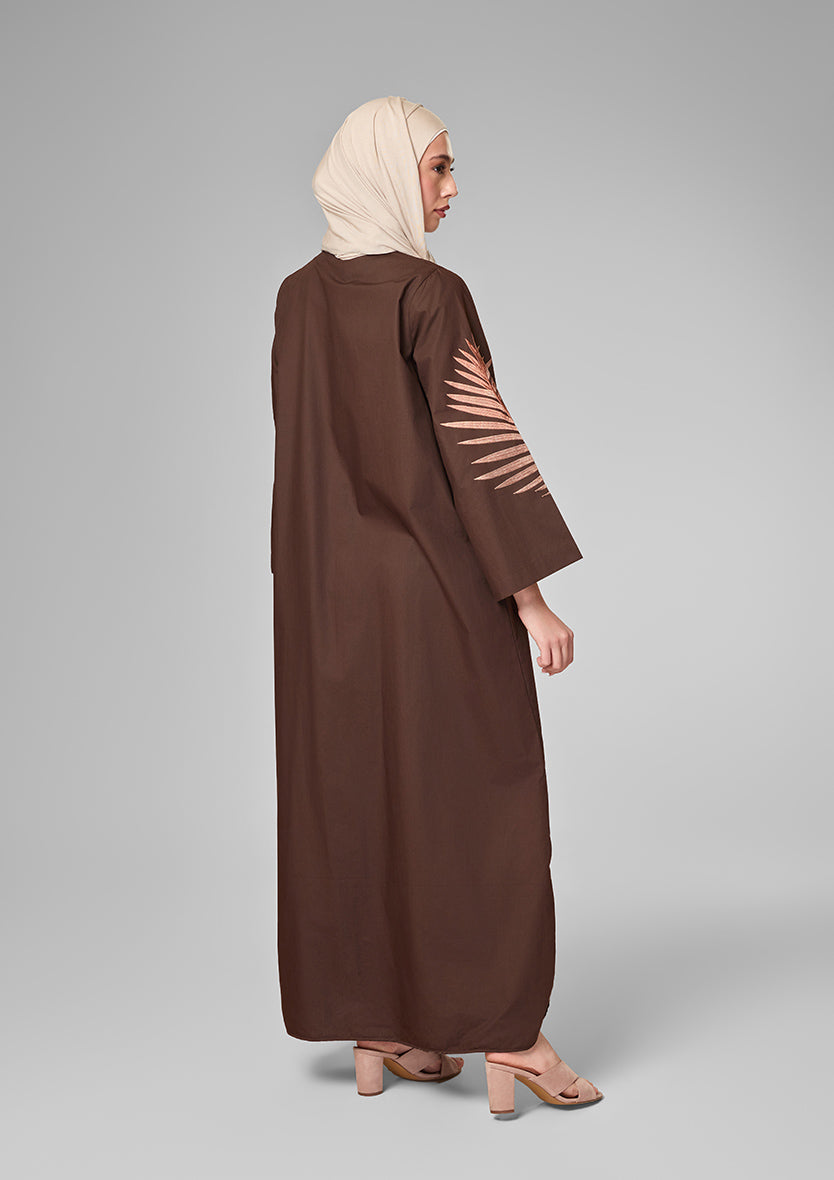 Chocolate Palm Leaf Embroidery Kaftan Shirt Dress
