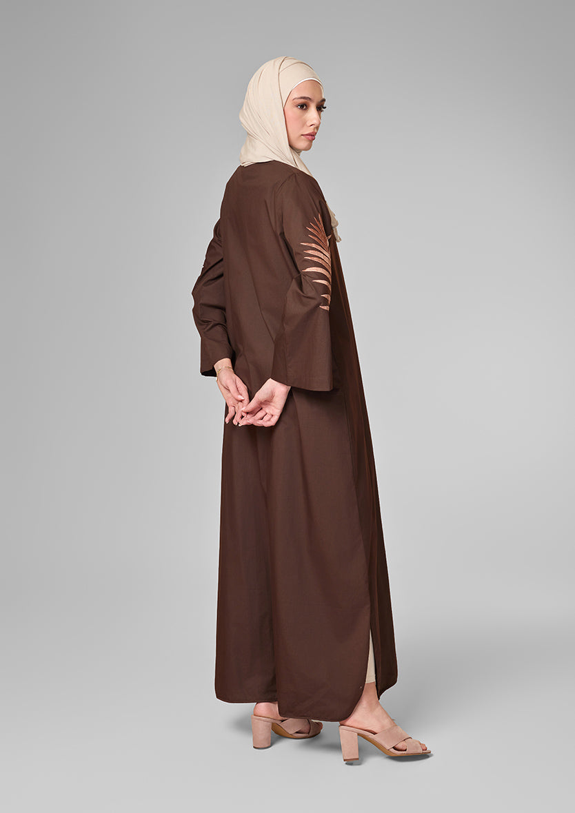 Chocolate Palm Leaf Embroidery Kaftan Shirt Dress