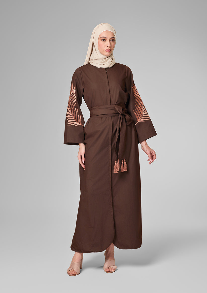 Chocolate Palm Leaf Embroidery Kaftan Shirt Dress