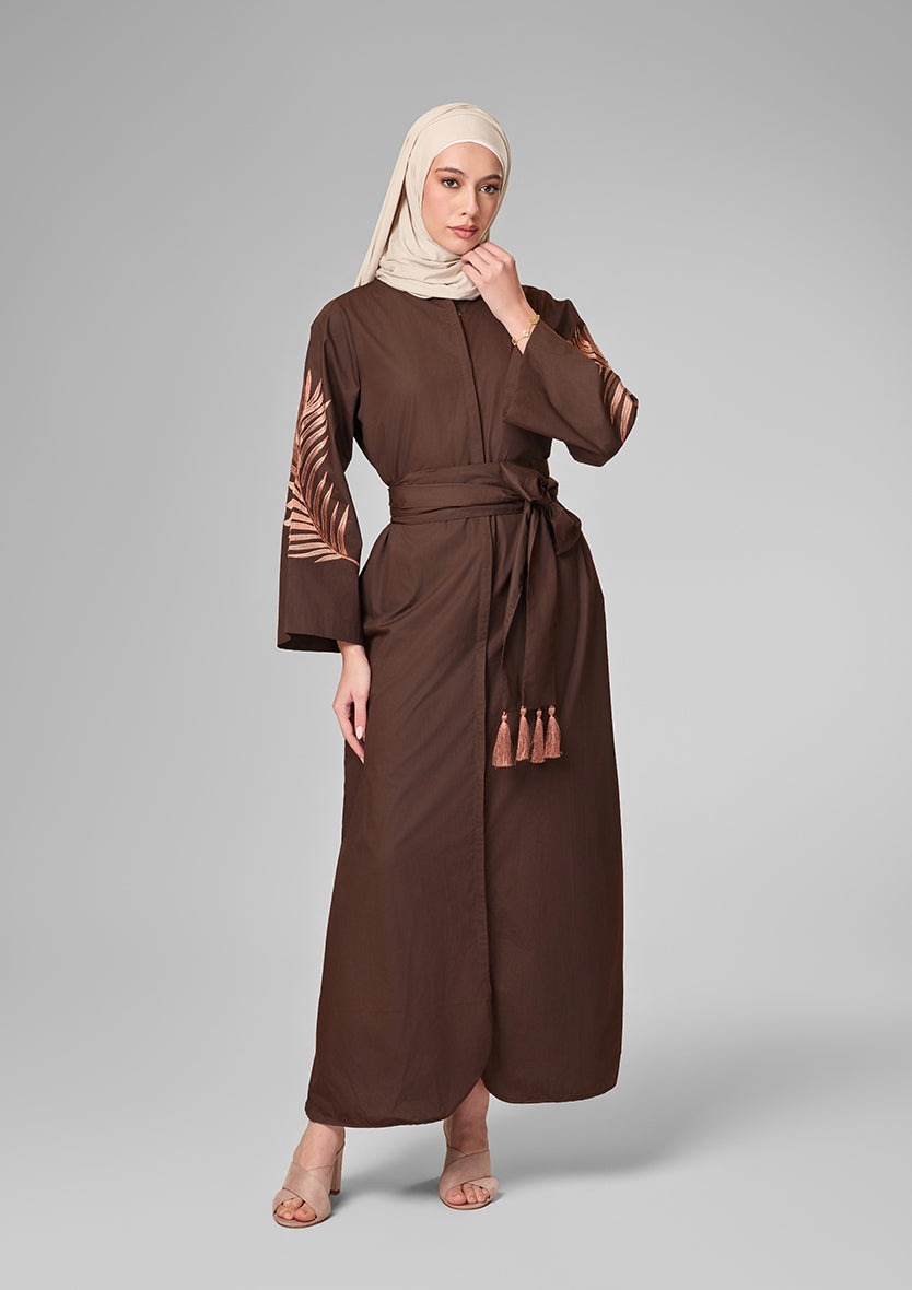 Chocolate Palm Leaf Embroidery Kaftan Shirt Dress
