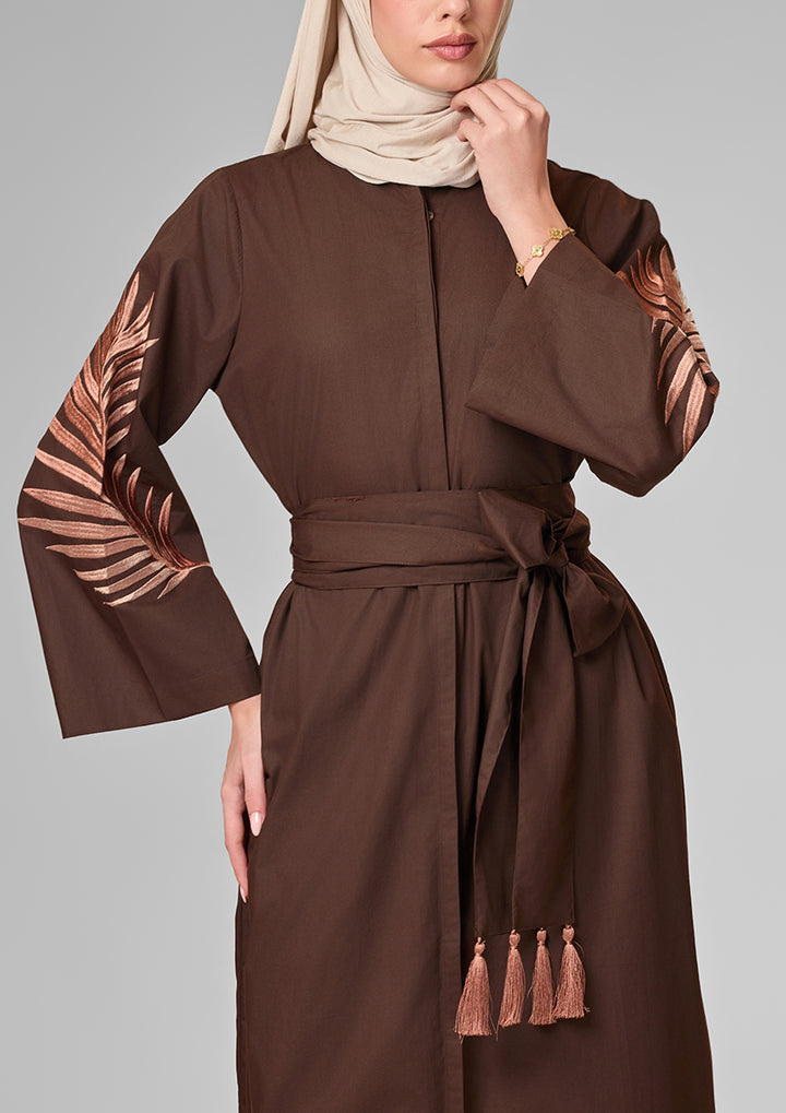 Chocolate Palm Leaf Embroidery Kaftan Shirt Dress