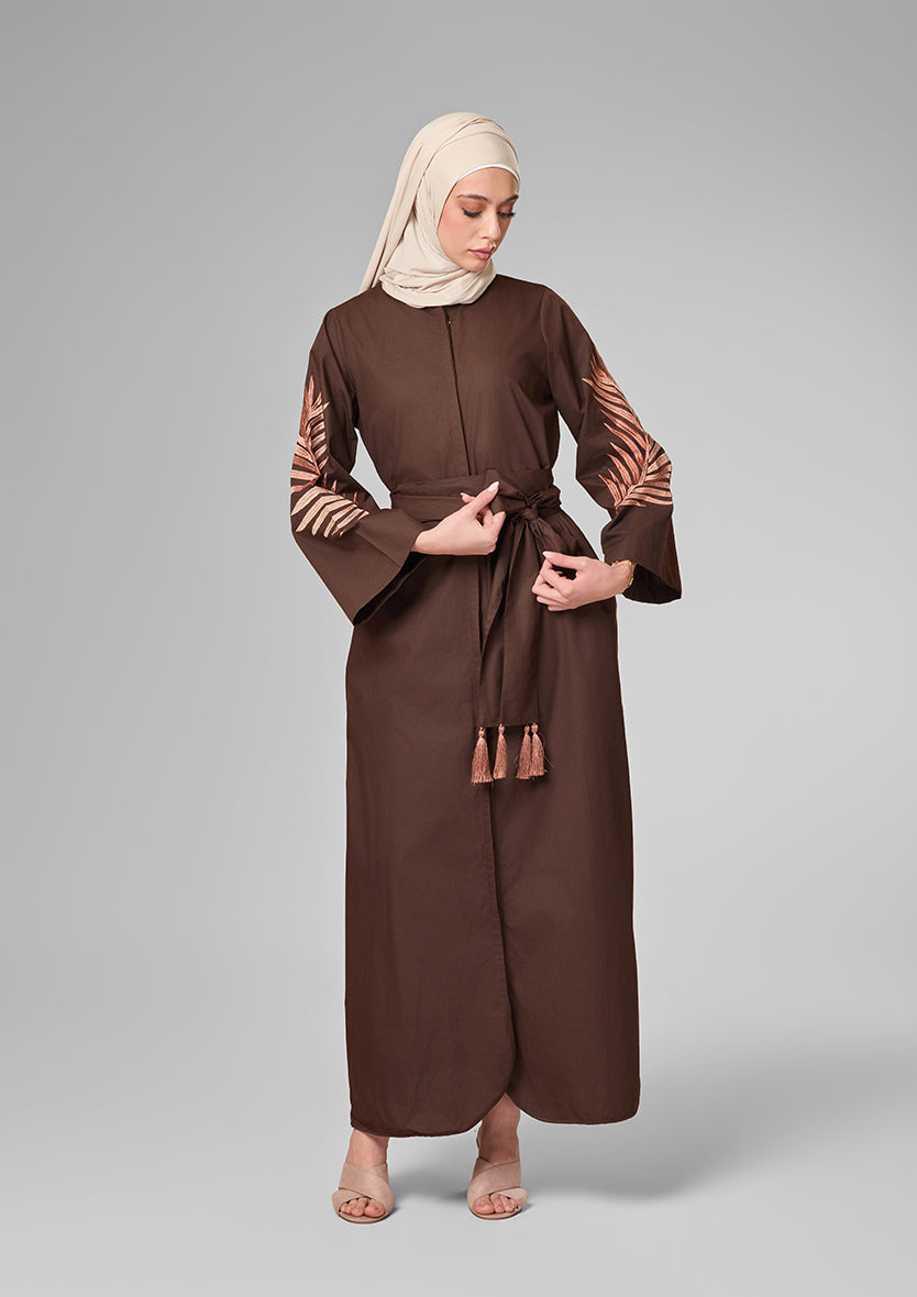 Chocolate Palm Leaf Embroidery Kaftan Shirt Dress