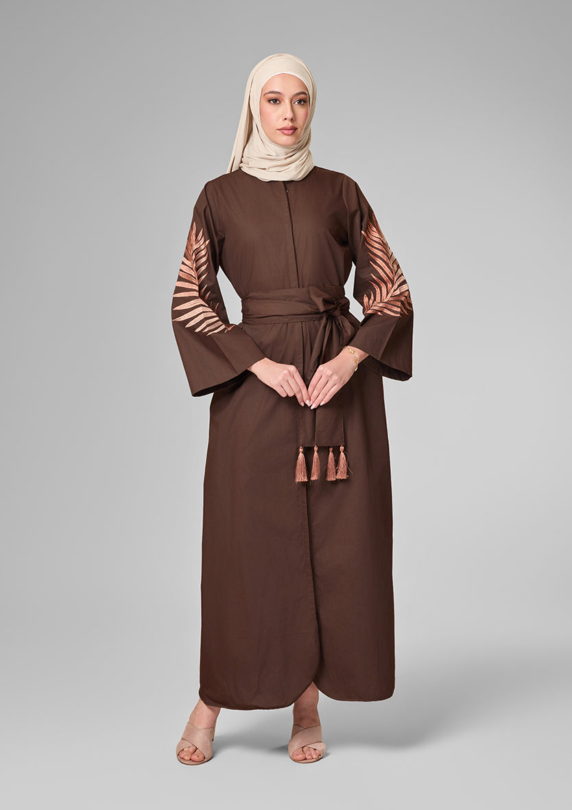 Chocolate Palm Leaf Embroidery Kaftan Shirt Dress