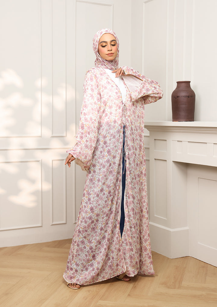 Tie Front Abaya &amp; Shawl Set - Wild Rose