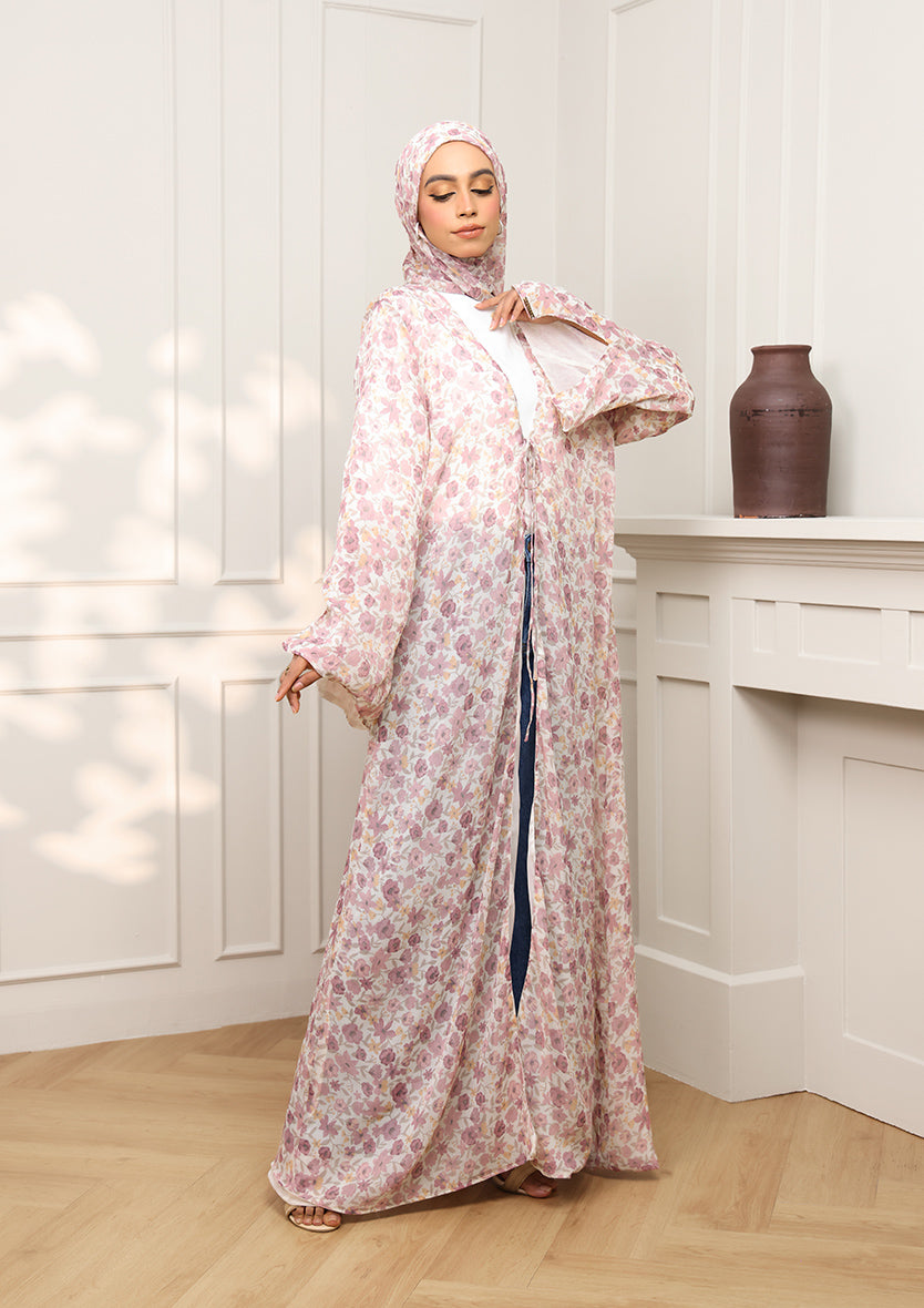 Tie Front Abaya &amp; Shawl Set - Wild Rose