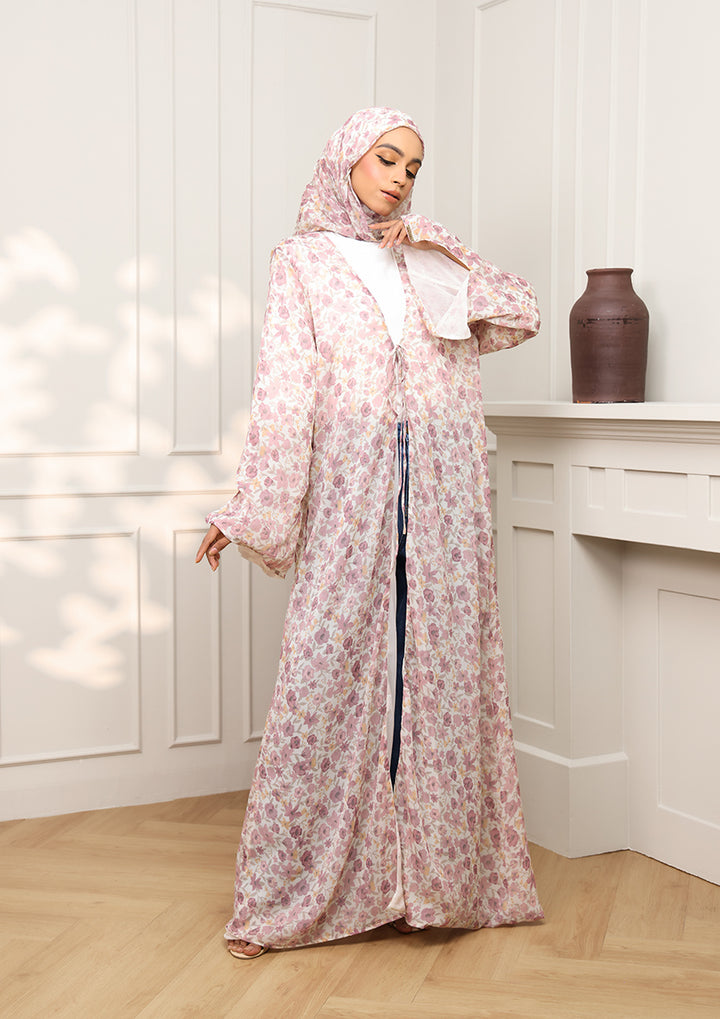 Tie Front Abaya &amp; Shawl Set - Wild Rose