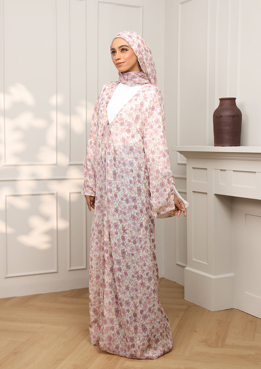 Tie Front Abaya &amp; Shawl Set - Wild Rose